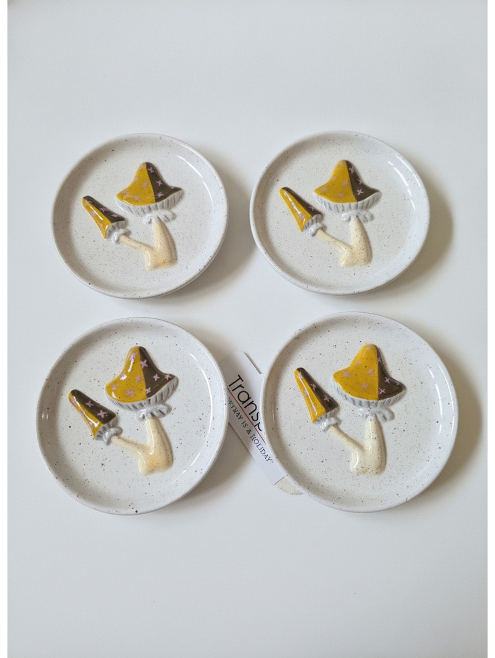 Transpac Set of 4 Ceramic Dessert Plates with Mushroom Design